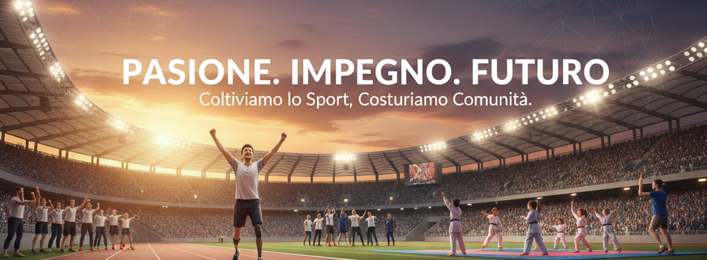 Stadio illuminato con un atleta a braccia alzate e la scritta Passione. Impegno. Futuro – Coltiviamo lo Sport, Costruiamo Comunità