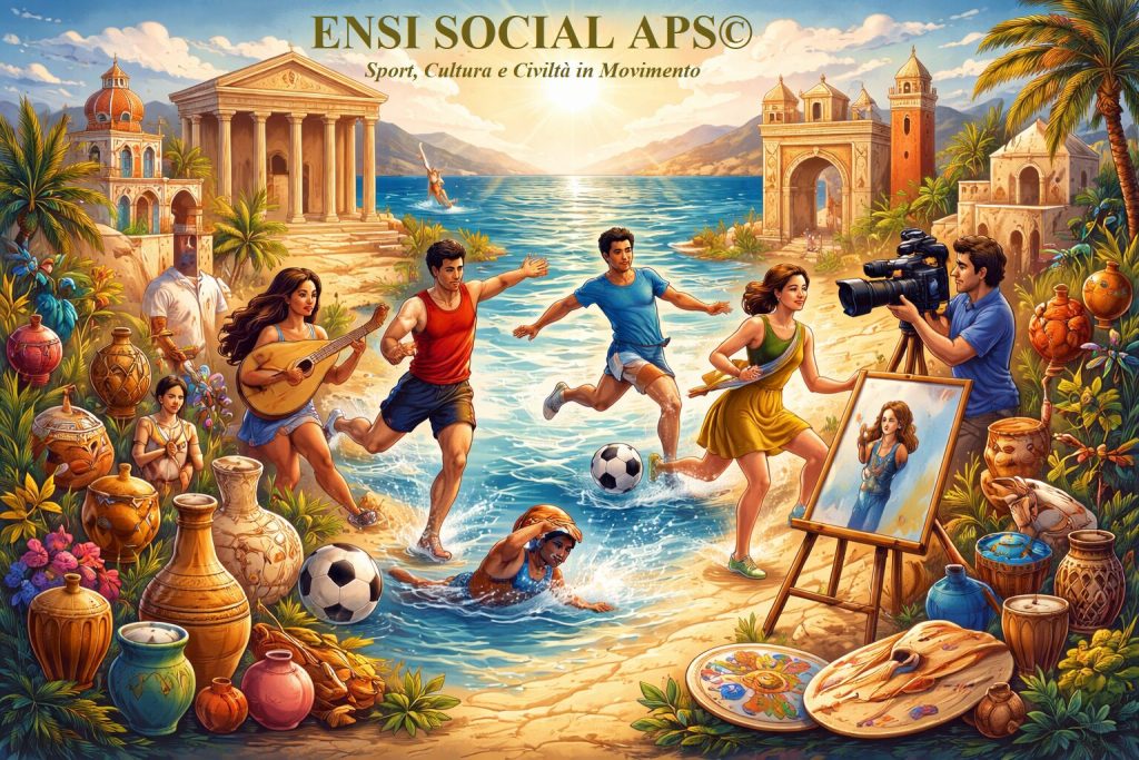 Illustrazione di un paesaggio mediterraneo con sportivi in corsa sulla riva, una musicista, una pittrice e un operatore video, sotto la scritta ENSI SOCIAL APS© – Sport, Cultura e Civiltà in Movimento