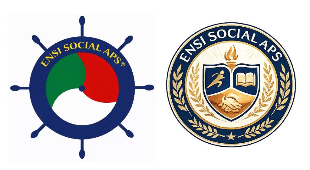 Logo di ENSI Social APS: timone con il tricolore e sigillo con fiaccola, figura in corsa, libro aperto e stretta di mano